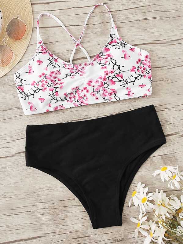 

Floral Lace Up Bikini Set, Multicolor