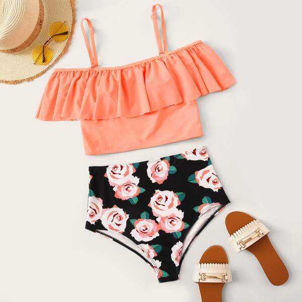 

Ruffle Hem Top With Floral Tankini Set, Multicolor