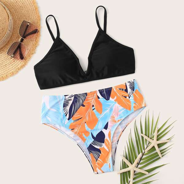 

V Neck Top With Tropical Bikini Set