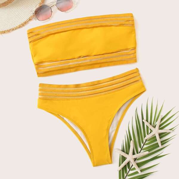 

Mesh Panel Bandeau With Panty Bikini Set, Yellow
