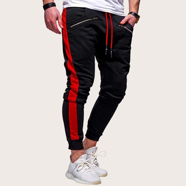 

Men Side Tape Zip Drawstring Pants, Black