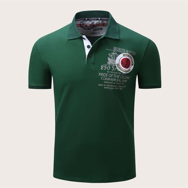 

Men Letter Print Patched Polo Shirt
