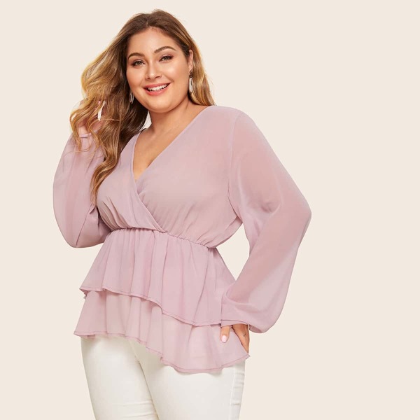 

Plus Surplice Ruffle Tiered Layer Hem Blouse, Pink