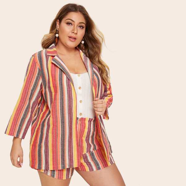 

Plus Striped Blazer With Elastic Waist Shorts, Multicolor