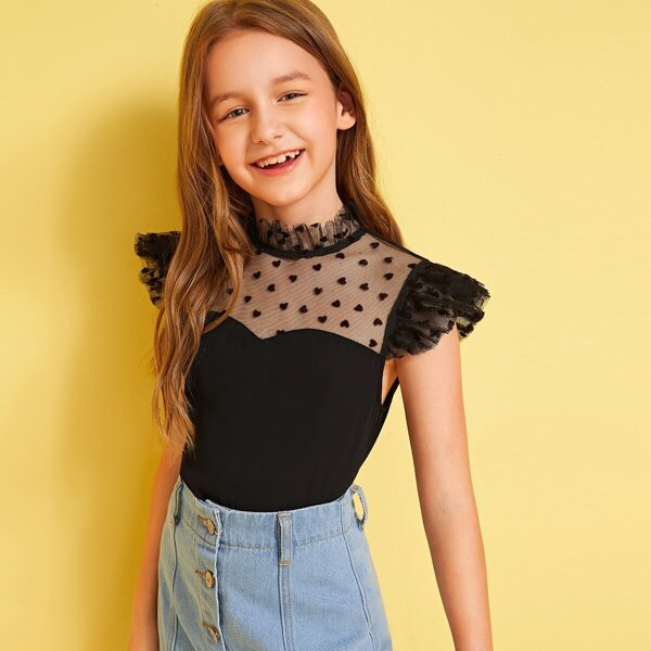 

Girls Mock Neck Mesh Yoke Trim Ruffle Armhole Top