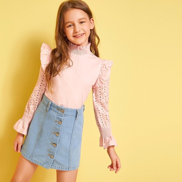 

Girls Shirred High Neck Ruffle Trim Schiffy Sleeve Top