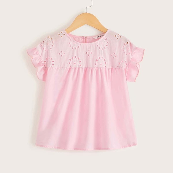 

Girls Ruffle Cuff Schiffy Yoke Trim Babydoll Top