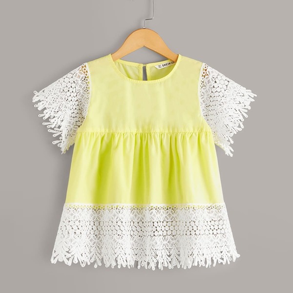 

Girls Guipure Lace Sleeve and Hem Smock Top, Yellow pastel