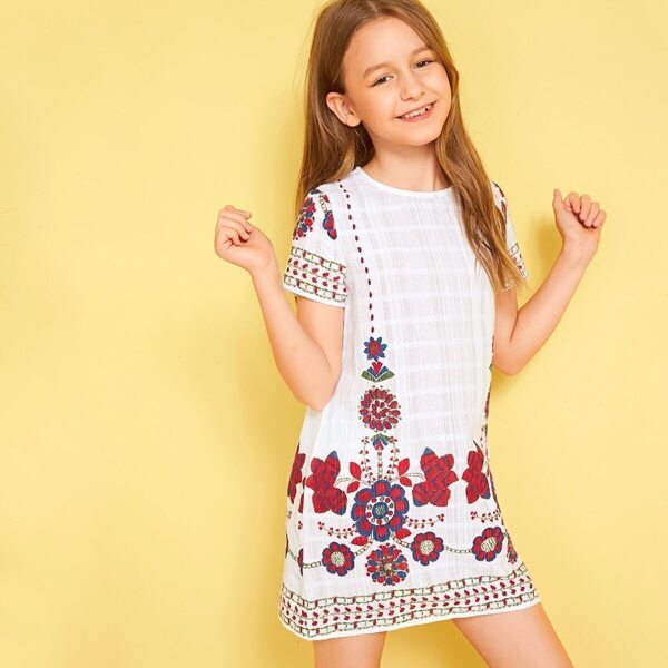 

Girls Tribal Print Dress, White