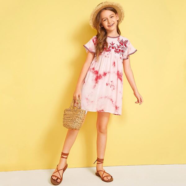 

Girls Tape Trim Embroidery Front Tie Dye Babydoll Dress