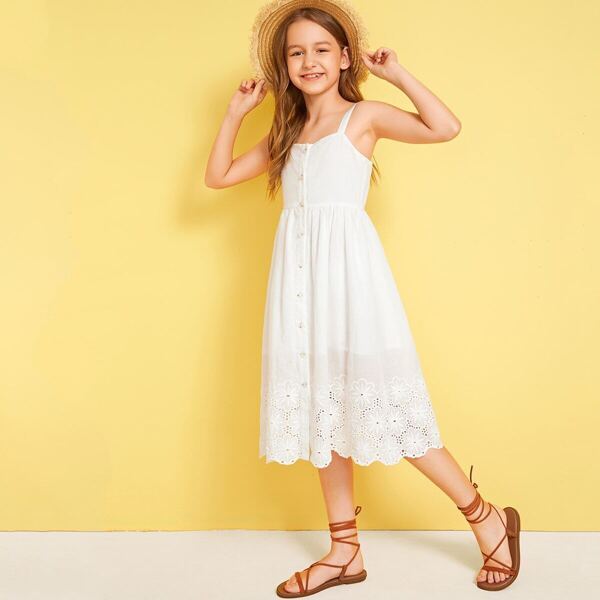 

Girls Scallop Edge Embroidered Eyelet Hem Cami Dress