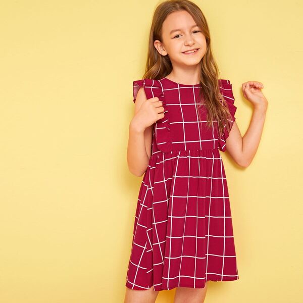 

Girls Ruffle Armhole Grid Dress, Burgundy