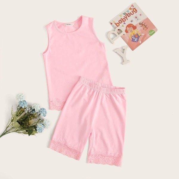 

Girls Solid Lace Hem Tank Top & Cycling Shorts PJ Set