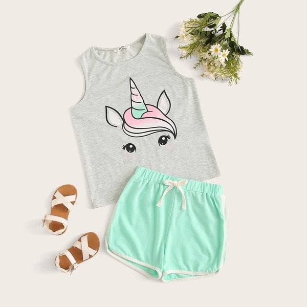 

Girls Cartoon Print Top & Dolphin Shorts PJ Set, Multicolor