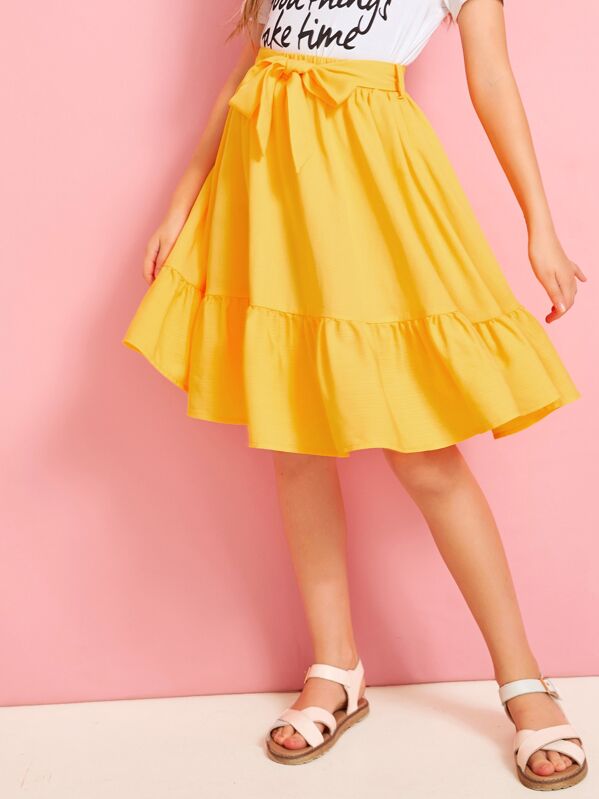 

Girls Self Belted Flounce Hem Skirt, Yellow, Sashab
