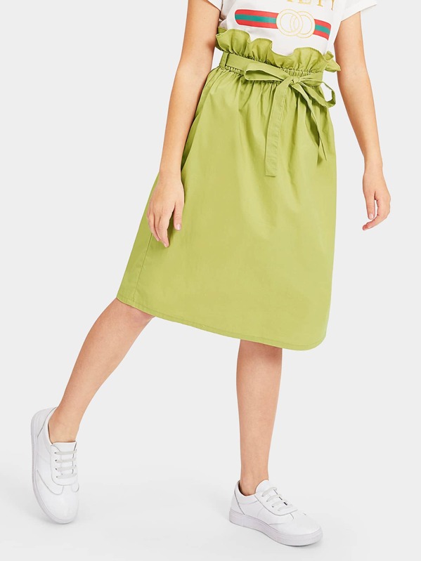 

Girls Ruffle Trim Self Belted Midi Skirt, Green, Sashab