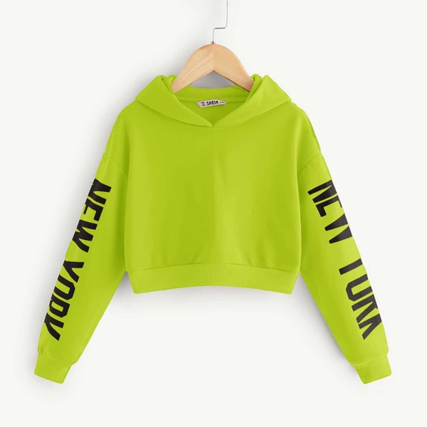

Girls Neon Green Letter Print Sleeve Hoodie, Green bright
