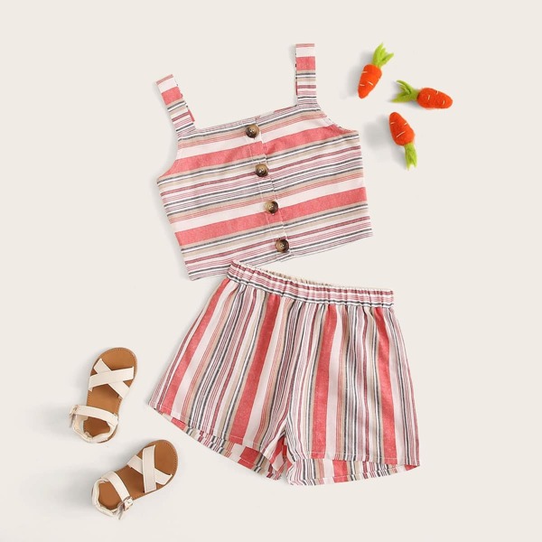 

Girls Button Front Striped Top and Shorts Set