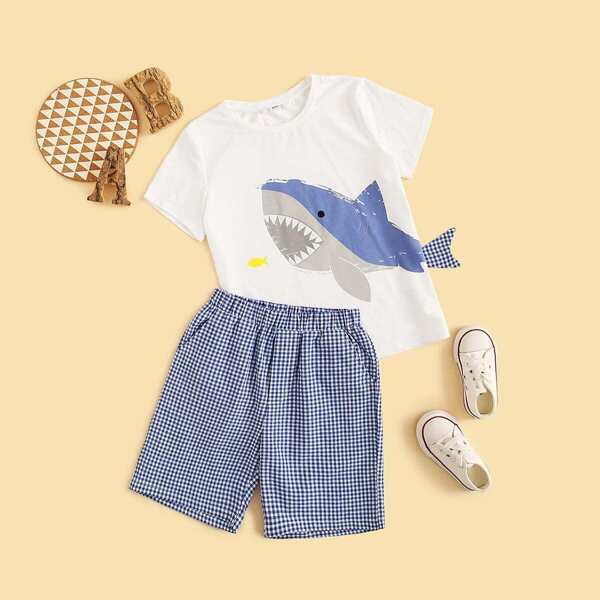 

Boys Shark Cartoon Print Top & Gingham Shorts Set