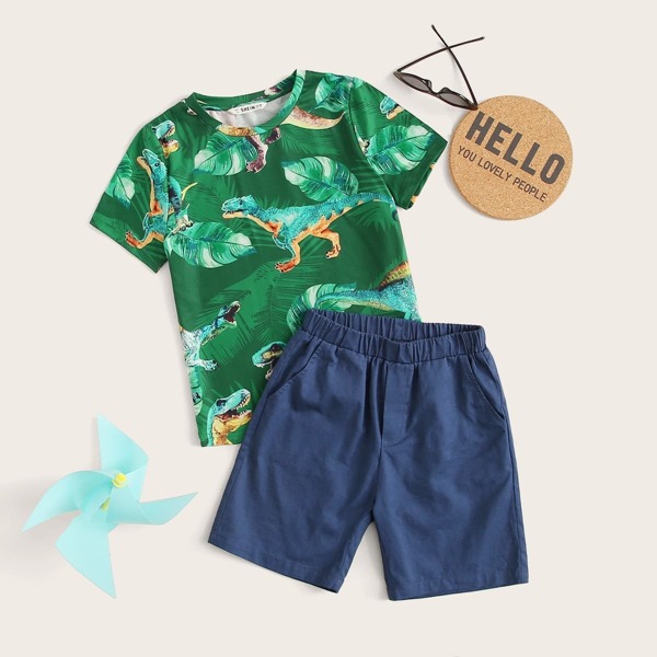 

Boys Tropical and Dinosaur Print Top & Shorts Set, Multicolor