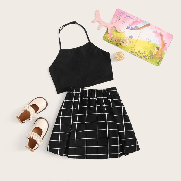 

Girls Solid Halter Top & Godet Grid Skirt Set