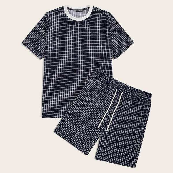 

Men Contrast Neck Grid Top & Drawstring Waist Shorts PJ Set