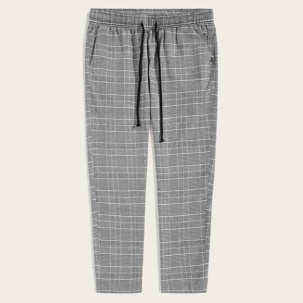 

Men Drawstring Waist Slant Pocket Glen Plaid Pants