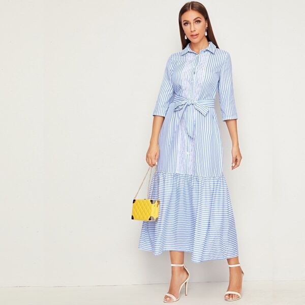 

Embroidered Mesh Flounce Hem Striped Belted Shirt Dress, Blue