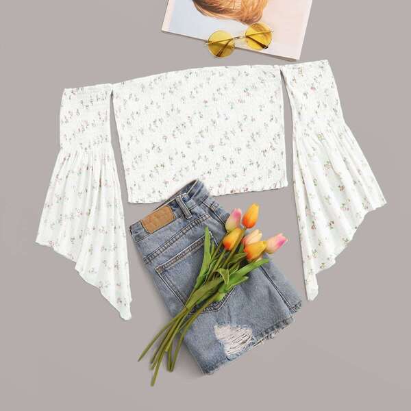 

Ditsy Floral Bell Sleeve Shirred Bardot Top, White