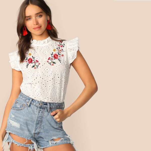 

Ruffle Trim Embroidered Floral Schiffy Top, White