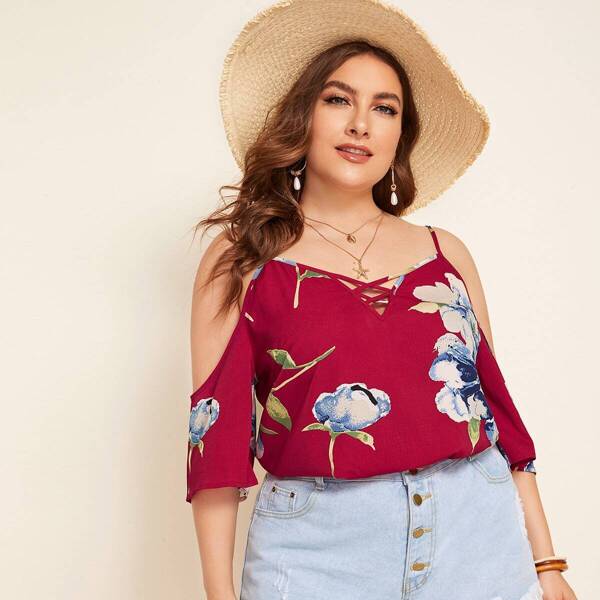 

Plus Cold Shoulder Strappy Neck Floral Top