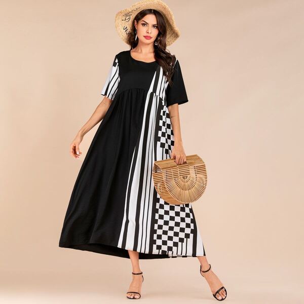 

Checker & Striped Contrast Hidden Pocket Dress