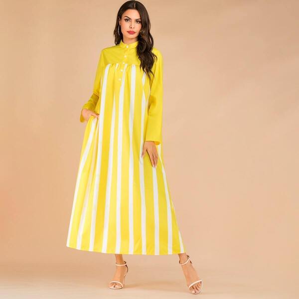 

Striped Button Front Hidden Pocket Longline Dress, Yellow