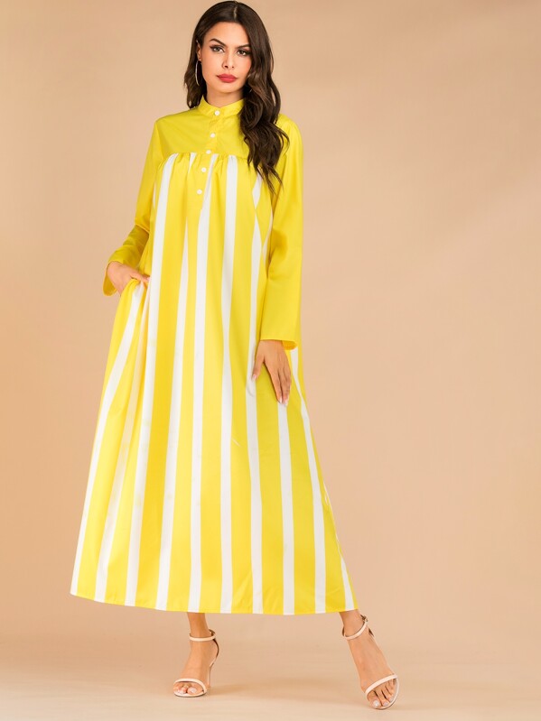 

Striped Button Front Hidden Pocket Longline Dress, Yellow