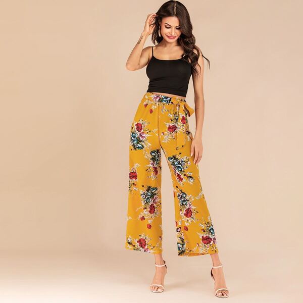 

Floral Print Belted Wide Leg Pants