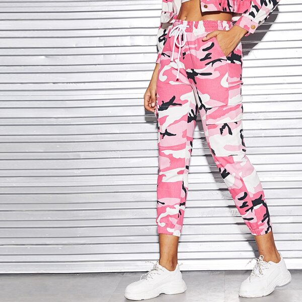 

Camo Print Drawstring Waist Cargo Jeans, Pink
