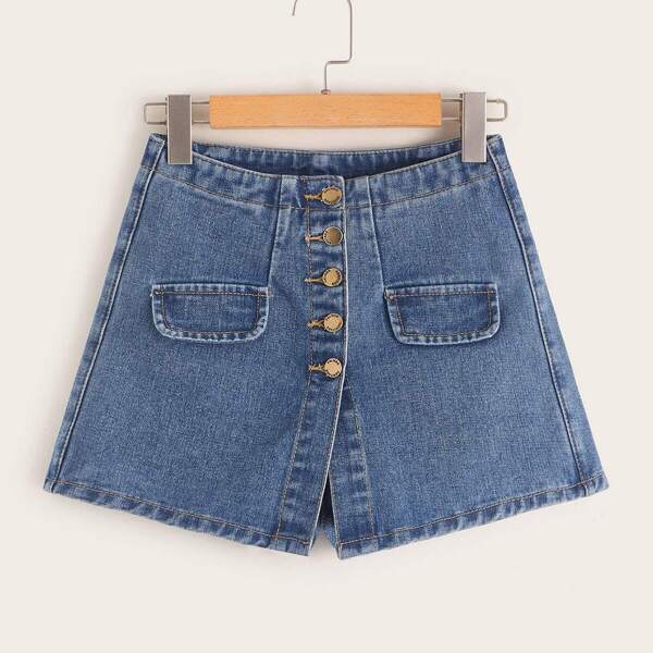 

Topstitching Button Front Denim Shorts