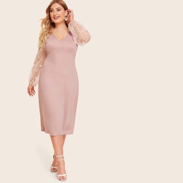 

Plus Sheer Embroidered Mesh Sleeve Dress