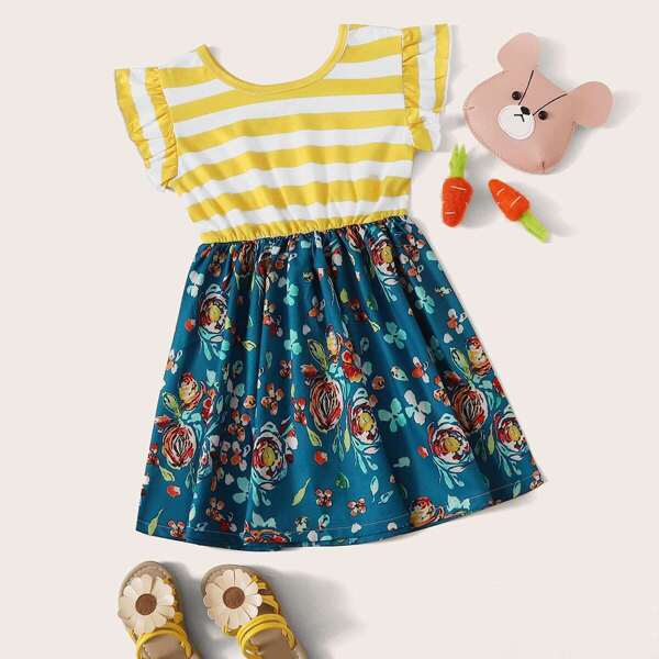 

Toddler Girls Stripe & Floral Print Combo A-line Dress