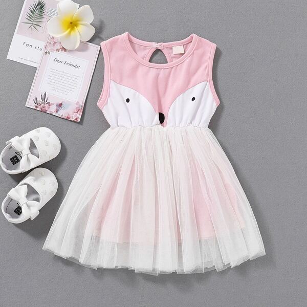 

Baby Girl Cartoon Print Contrast Mesh A-line Dress