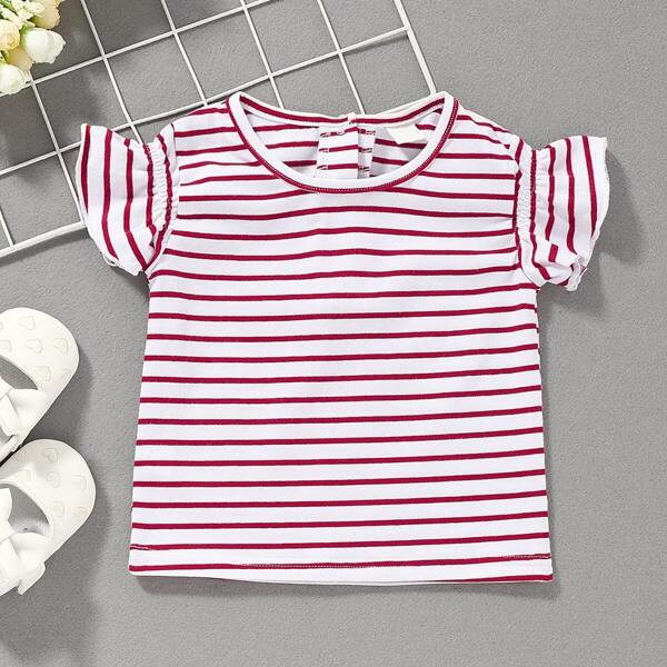 

Baby Girl Striped Flounce Sleeve Buttoned Back Top, Multicolor