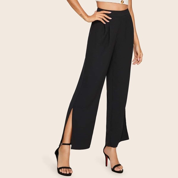 

Slit Hem Solid Pants, Black