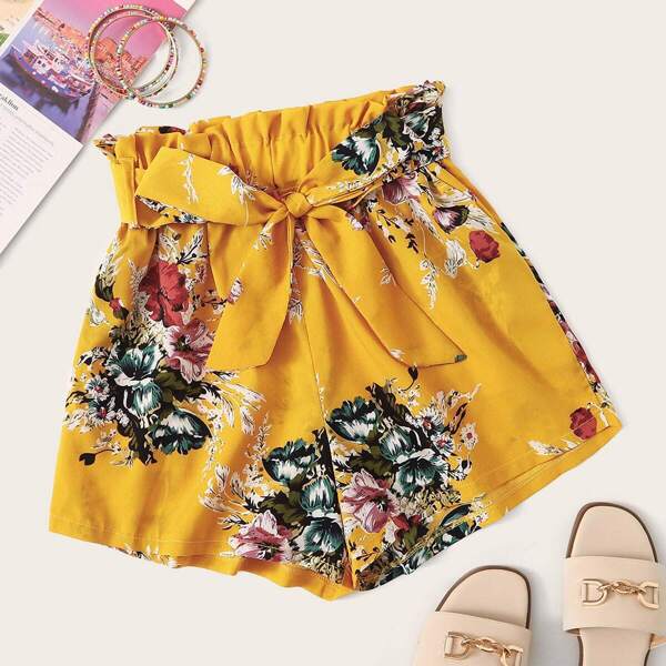 

Floral Print Belted Paperbag Shorts