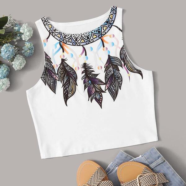 

Feather Print Tank Top, White