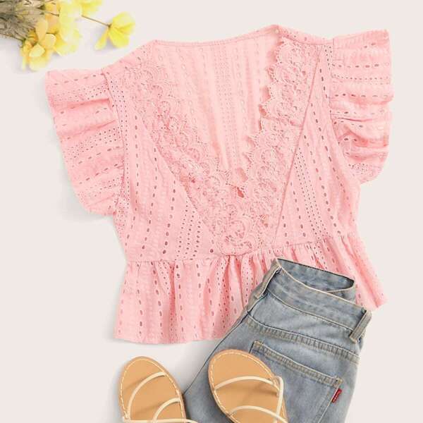 

Eyelet Embroidered Lace Panel Peplum Blouse, Pink