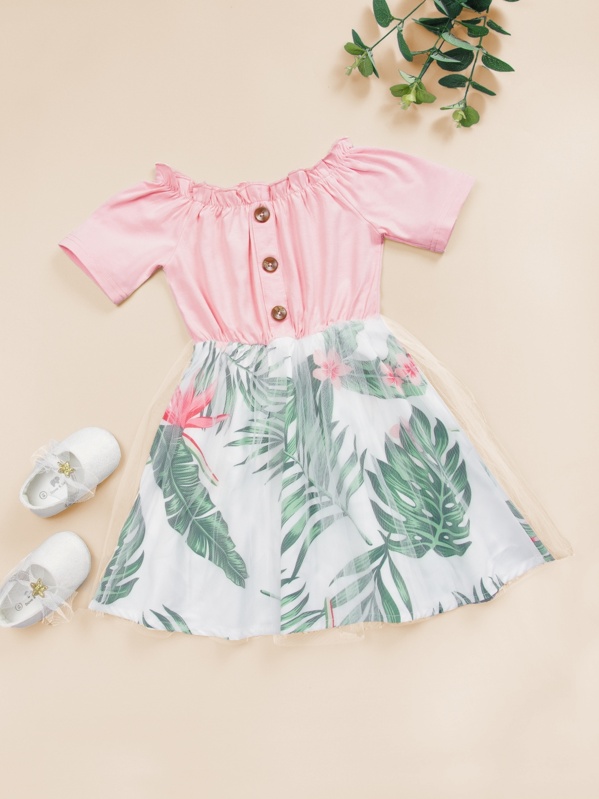 

Toddler Girls Button Front Tropical Print Off Shoulder Tulle Dress, Multicolor