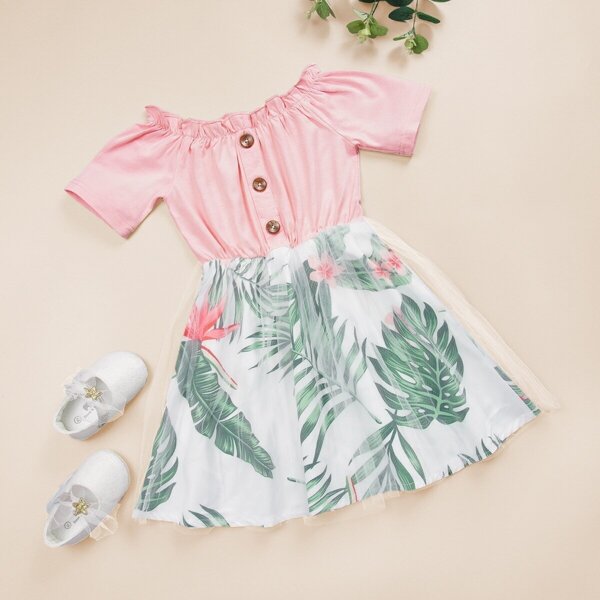 

Toddler Girls Button Front Tropical Print Off Shoulder Tulle Dress