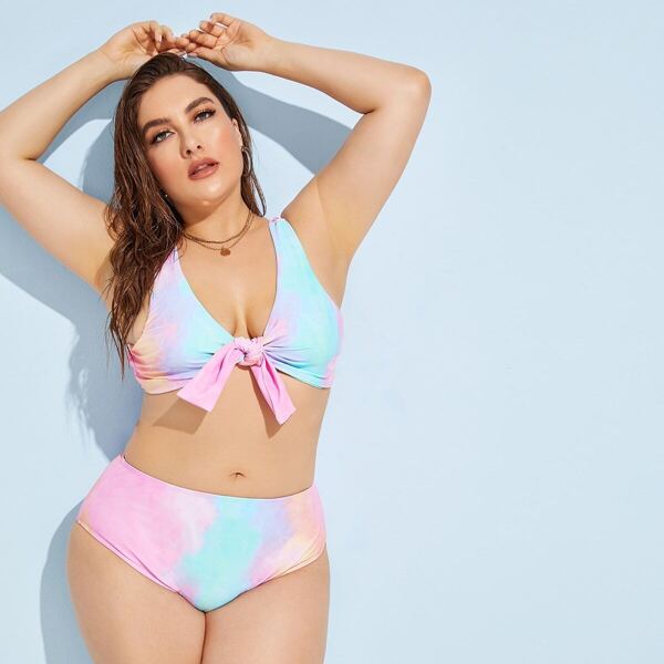 

Plus Tie Dye Knot Bust Bikini Set, Multicolor