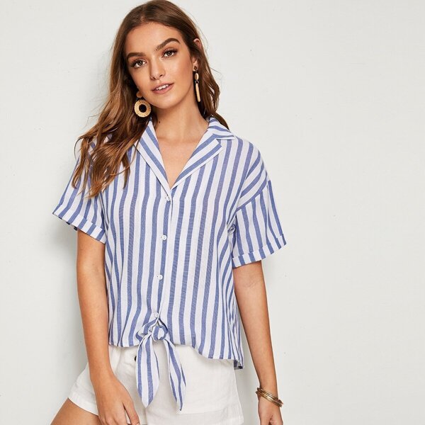 

Notch Collar Cuffed Sleeve Tie Front Striped Top, Blue