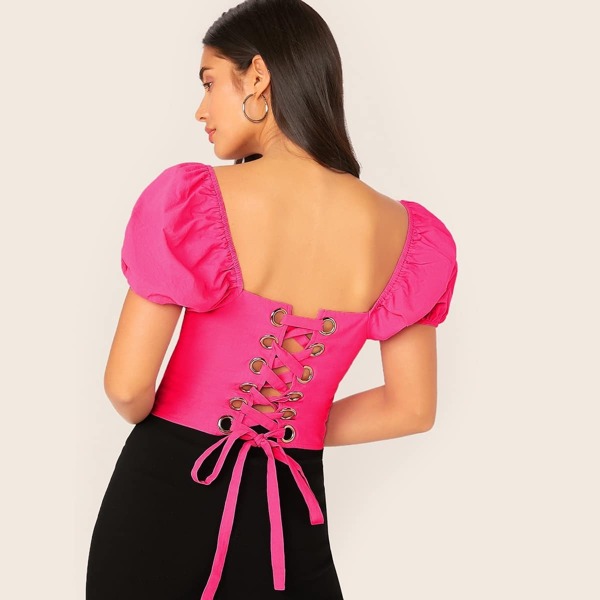 

Grommet Lace Up Back Plunging Neck Puff Sleeve Top, Pink bright
